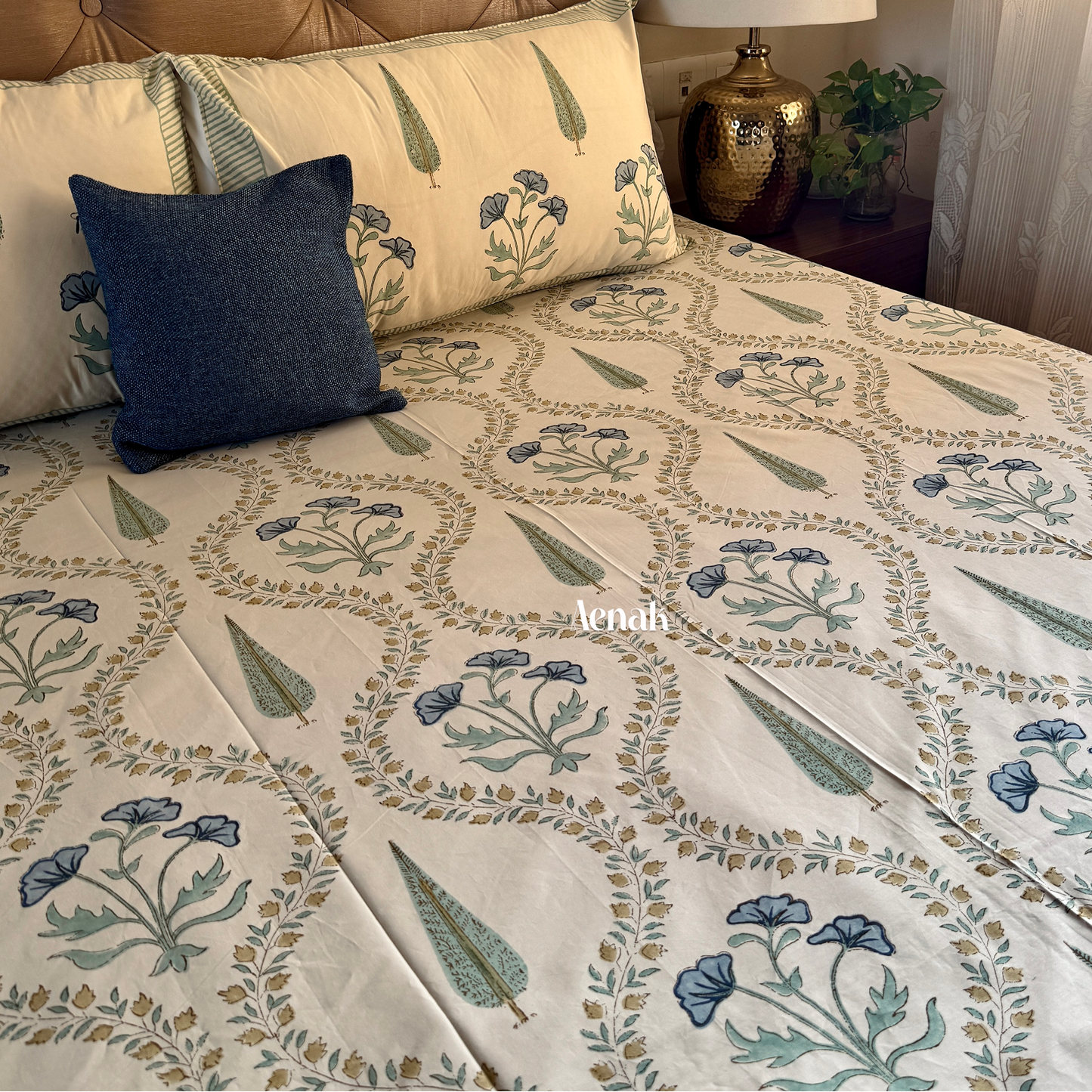 Beige base 300 TC premium cotton bedsheet with blue and green handblock prints by Aenak