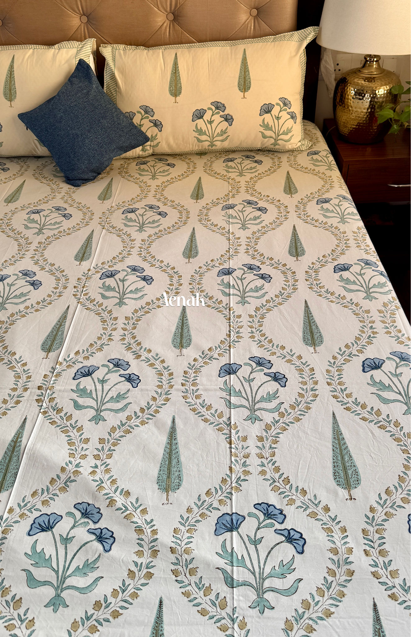 Handblock printed cotton bedsheet with reversible pillow covers in beige blue and green