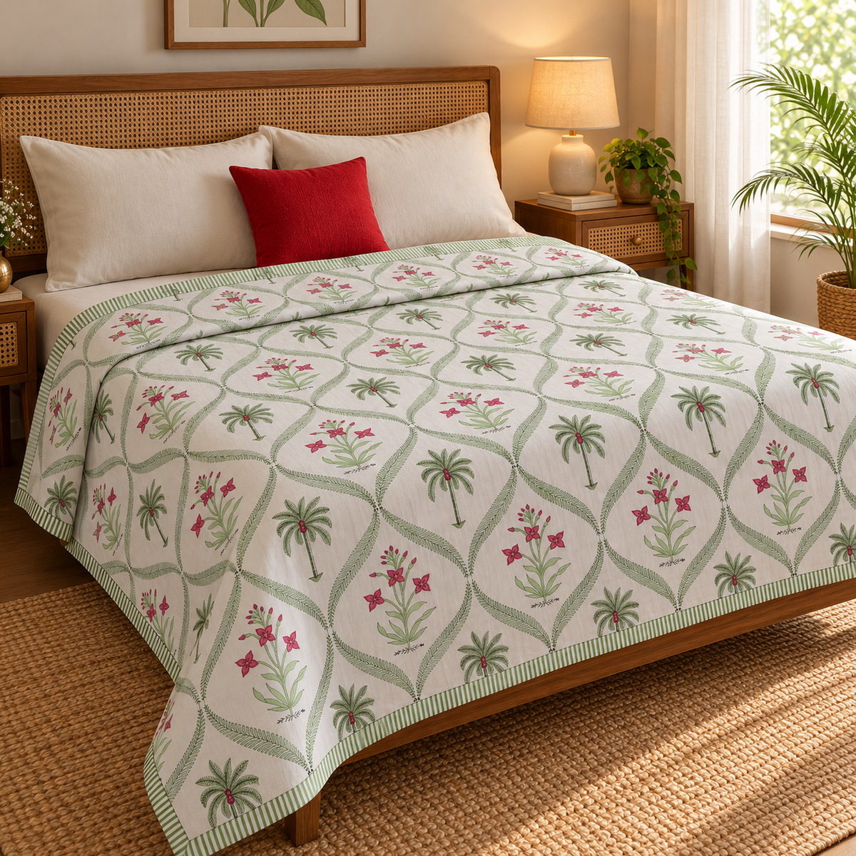 Green Palm Handblock Mulmul Cotton Reversible Dohar