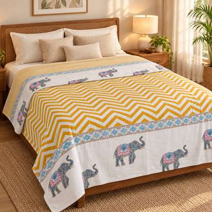 Yellow Chevron Elephant Handblock Mulmul Cotton Reversible Dohar