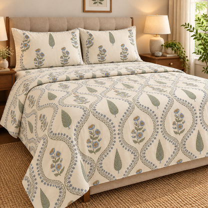 Blue Periwinkle Jaal Handblock Bedsheet + Dohar Combo Set