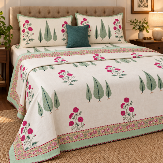 Magenta Floral Garden Handblock Mulmul Cotton Reversible Dohar (Light Cream Base)