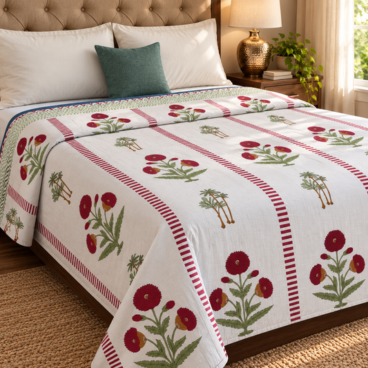 Red Dahlia Handblock Mulmul Cotton Reversible Dohar