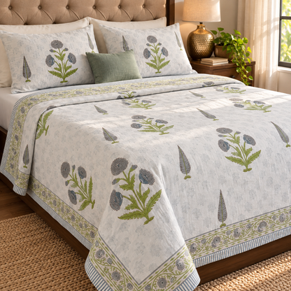 Blue Dahlia Handblock Mulmul Cotton Reversible Dohar
