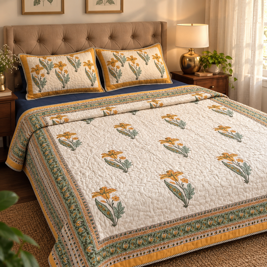 Yellow Lily Handblock Reversible Quilted Bedcover Set