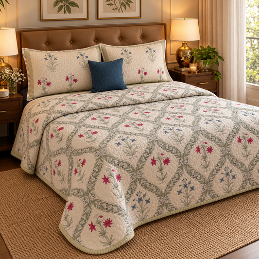 Pink Blue Floral Jaal Quilted Handblock Bedcover Set
