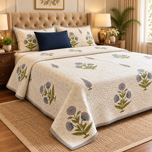 Blue Dahlia Handblock Reversible Quilted Bedcover Set