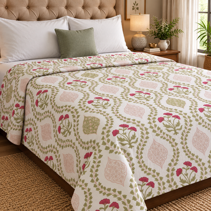 Red Poppy Handblock Mulmul Cotton Reversible Dohar