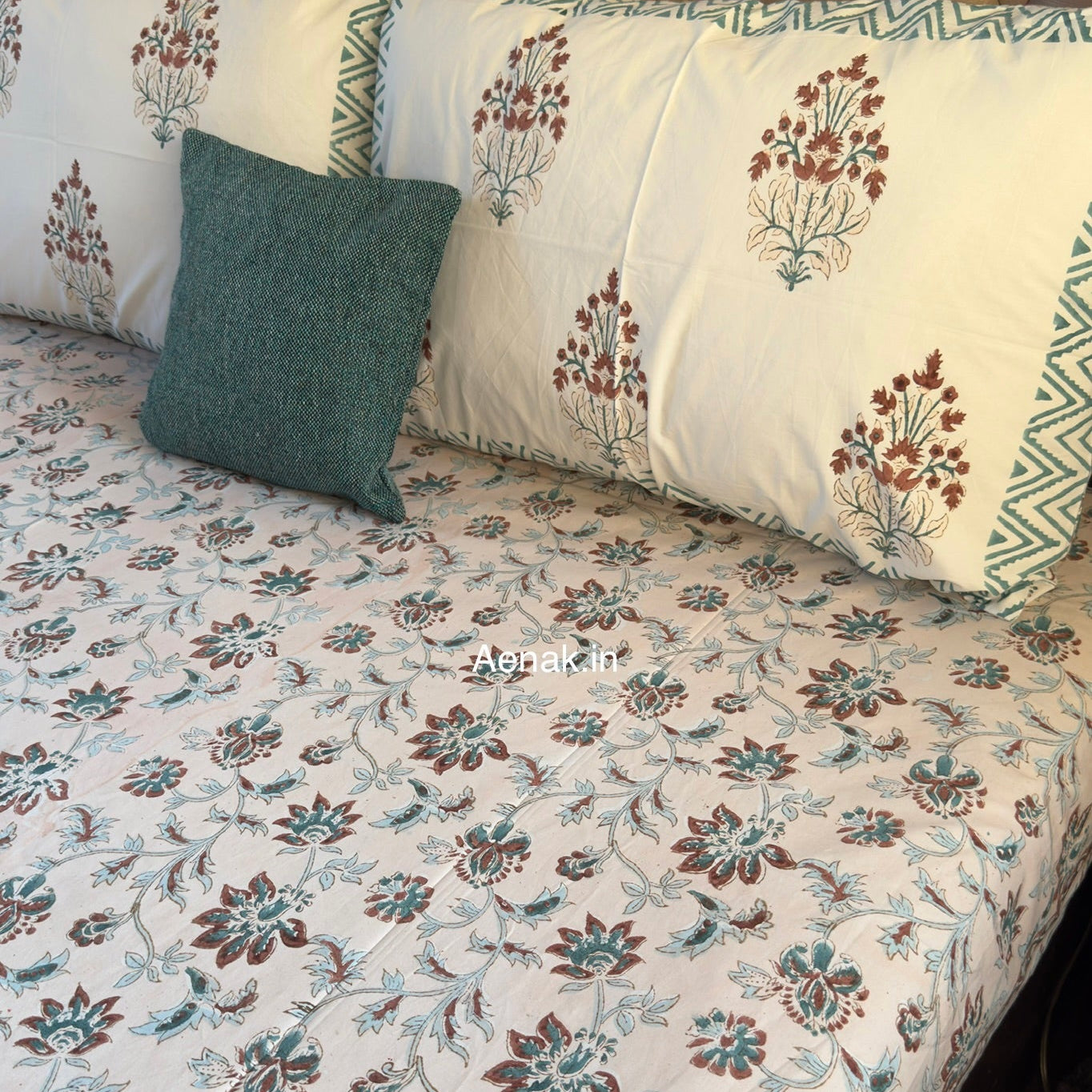Peach green and maroon 300 TC premium cotton bedsheet with handblock prints by Aenak