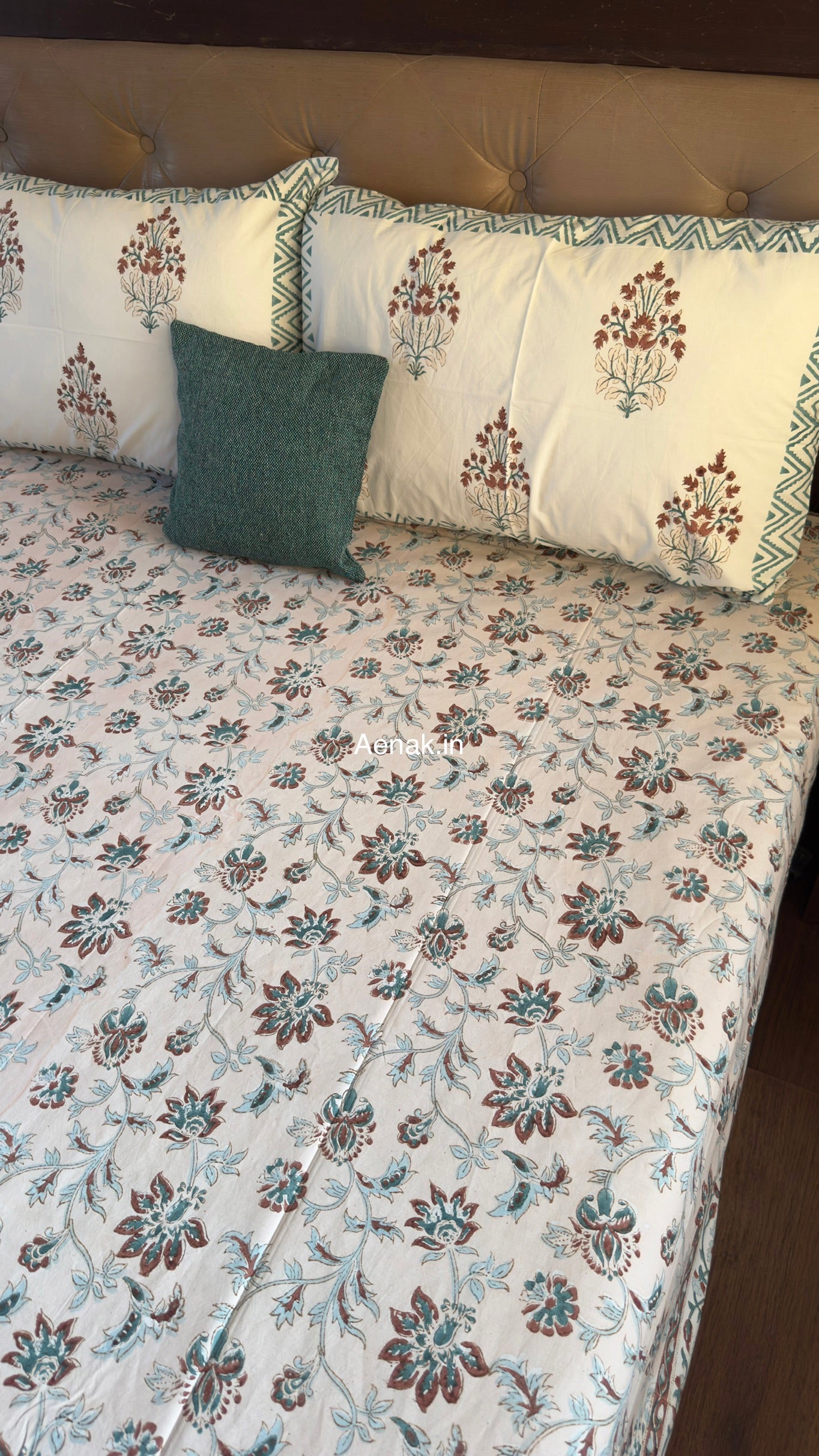 Custom fitted cotton bedsheet in 300 TC percale cotton with Jaipuri style print by Aenak