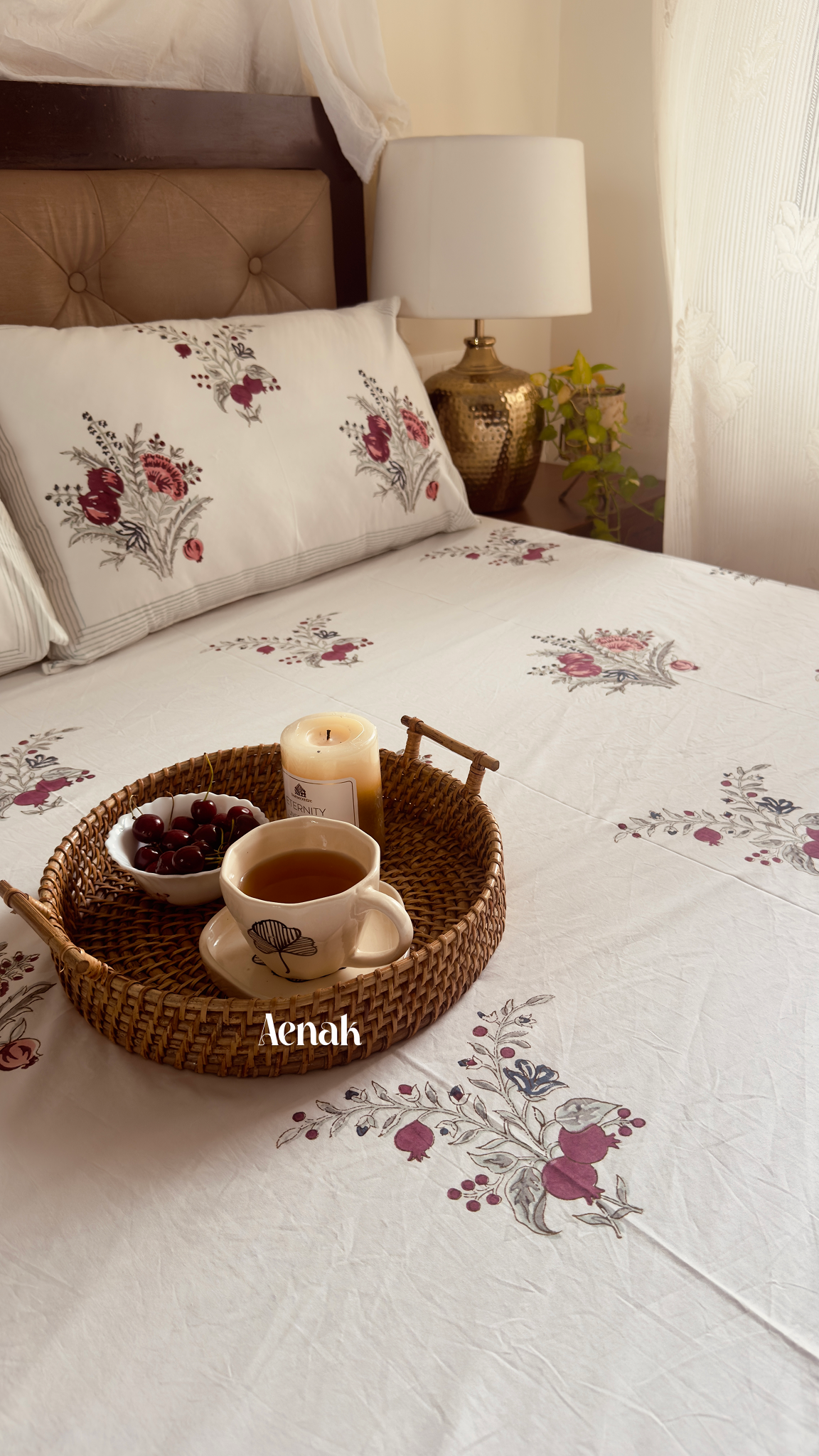 Aenak organic percale cotton bedsheet in beige burgundy pink and sage green handblock print
