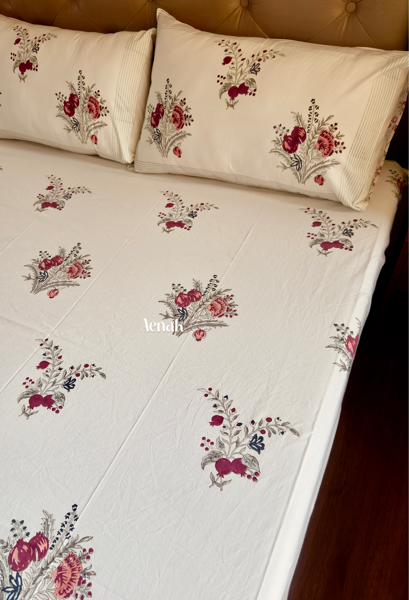 Handblock printed cotton bedsheet with reversible pillow covers in beige burgundy pink and sage green