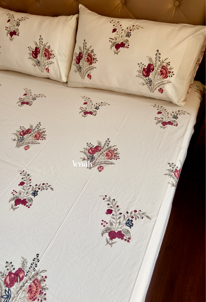 Handblock printed cotton bedsheet with reversible pillow covers in beige burgundy pink and sage green