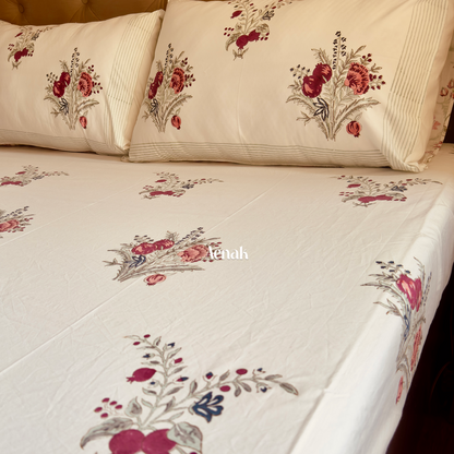 Beige base 300 TC premium cotton bedsheet with burgundy pink and sage green handblock prints by Aenak