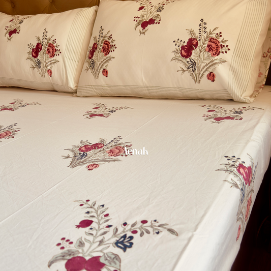 Beige base 300 TC premium cotton bedsheet with burgundy pink and sage green handblock prints by Aenak