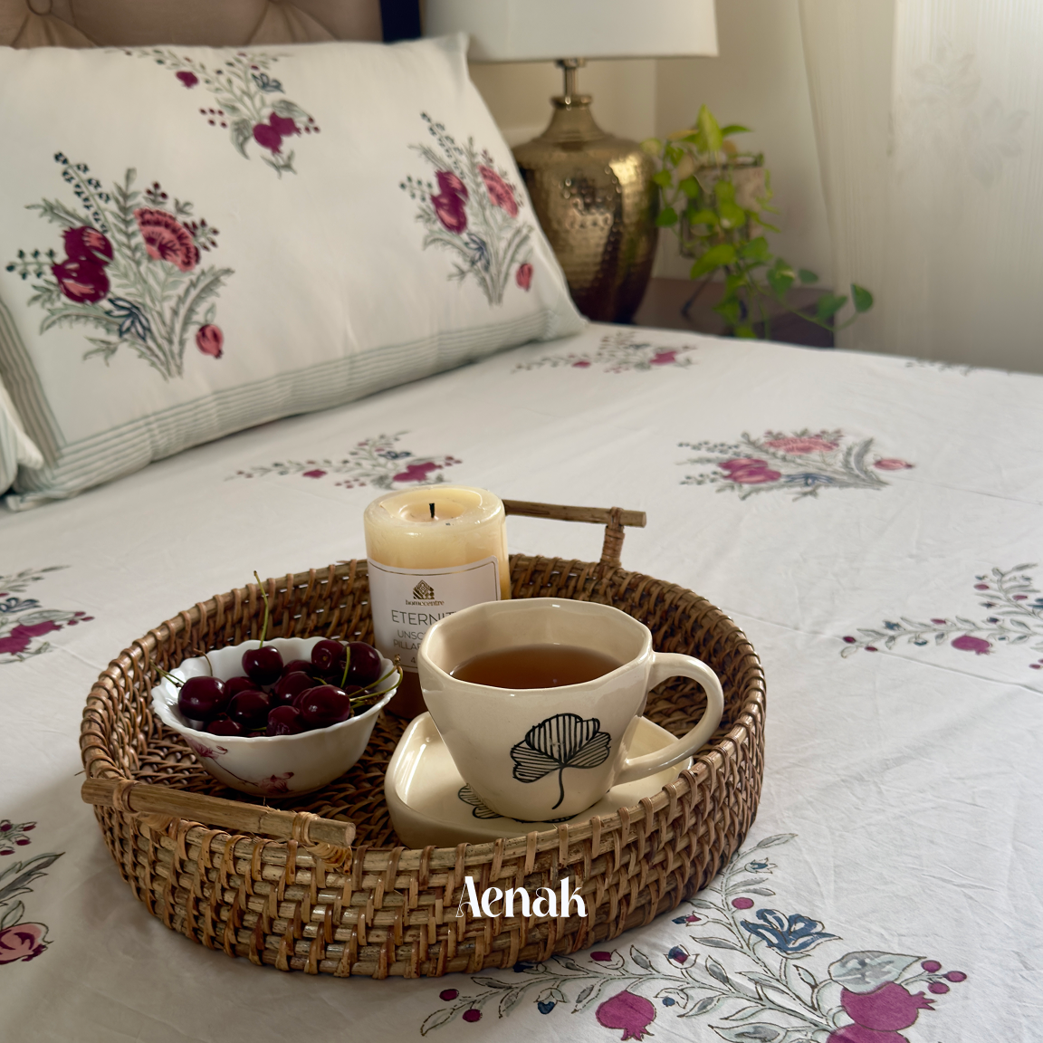 Burgundy green and blue 300 TC premium cotton bedsheet with handblock prints by Aenak