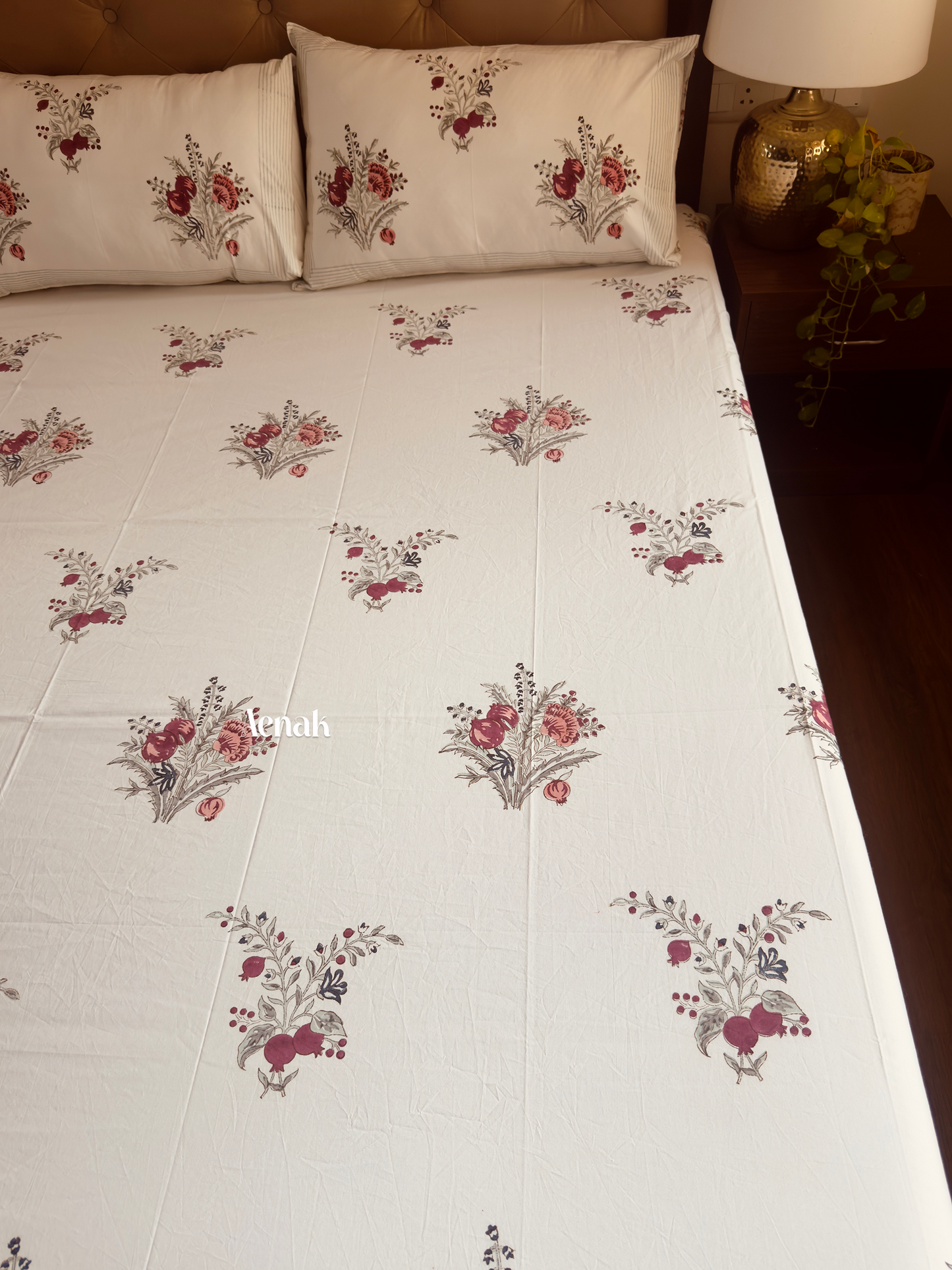 Custom fitted cotton bedsheet in 300 TC percale cotton with Jaipuri style print by Aenak