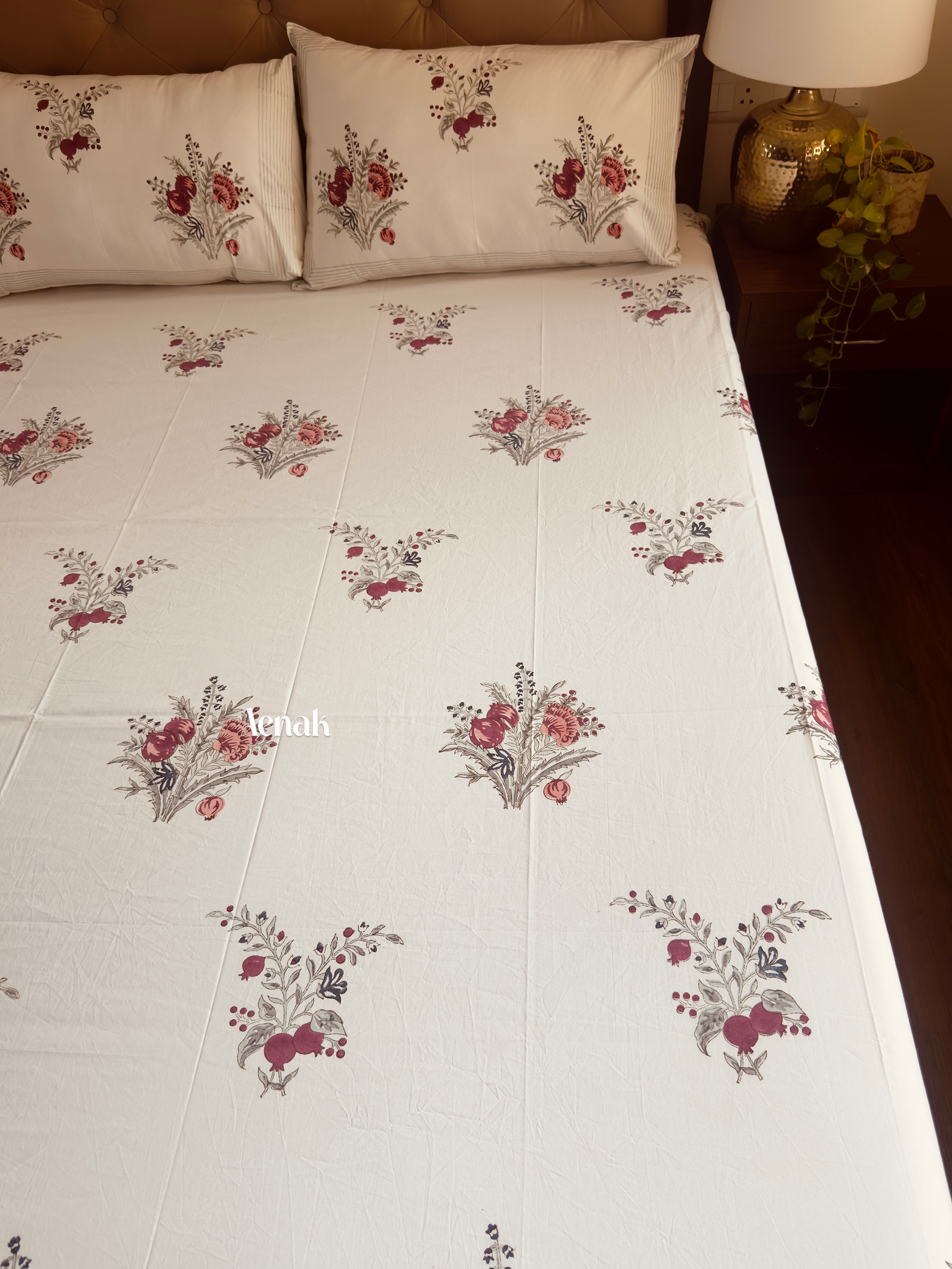 Custom fitted cotton bedsheet in 300 TC percale cotton with Jaipuri style print by Aenak