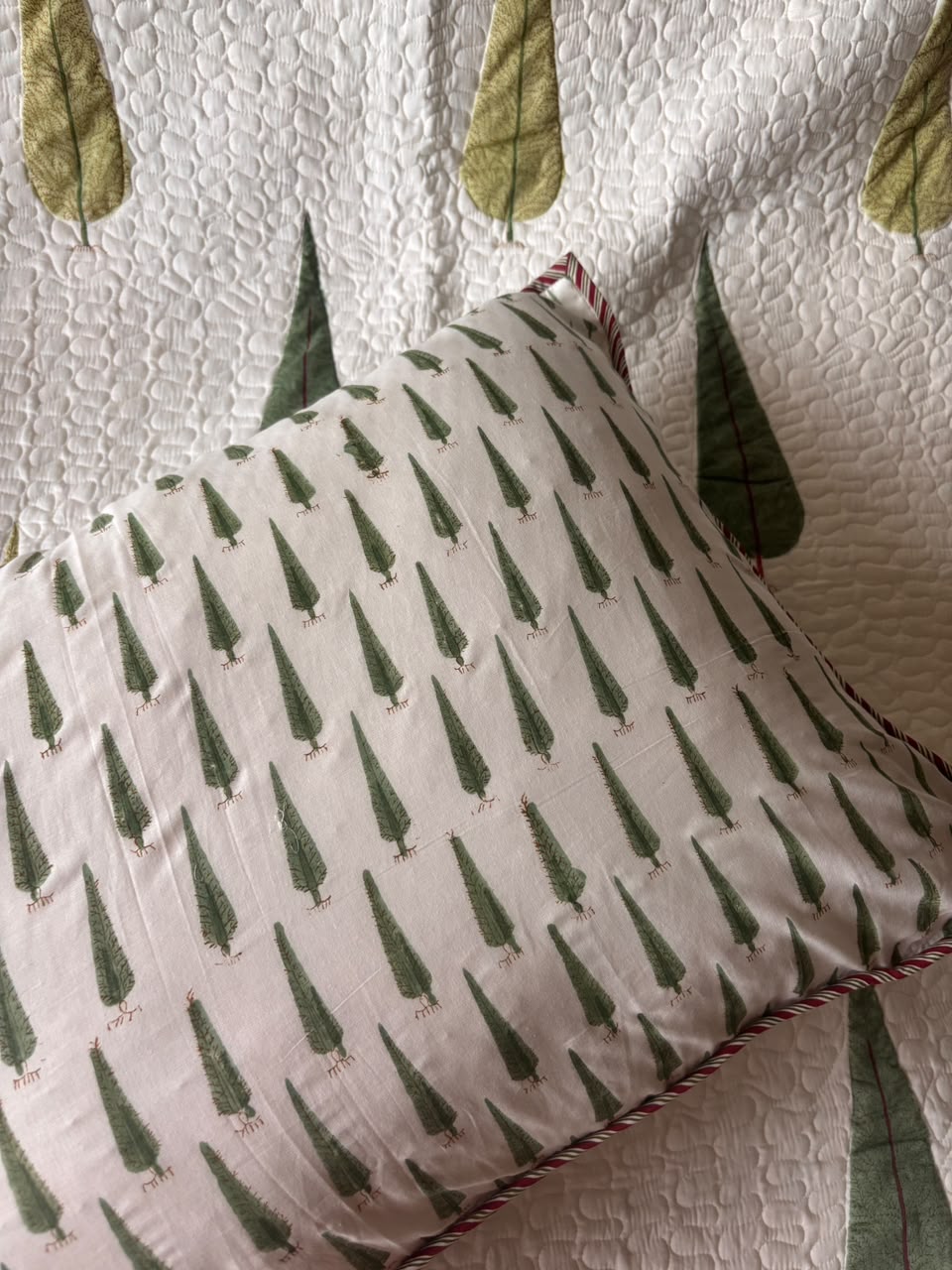 Green Cypress Handblock Printed Reversible Quilted Bedcover Set
