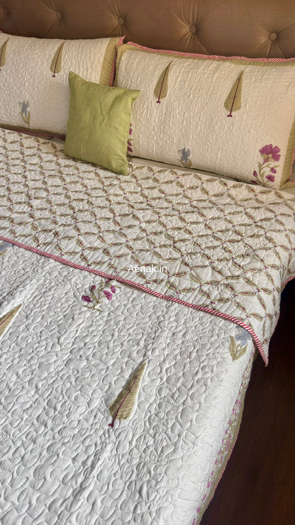 Dusty Mulberry Handblock Bedsheet + Quilted Bedcover Combo (Ivory White)