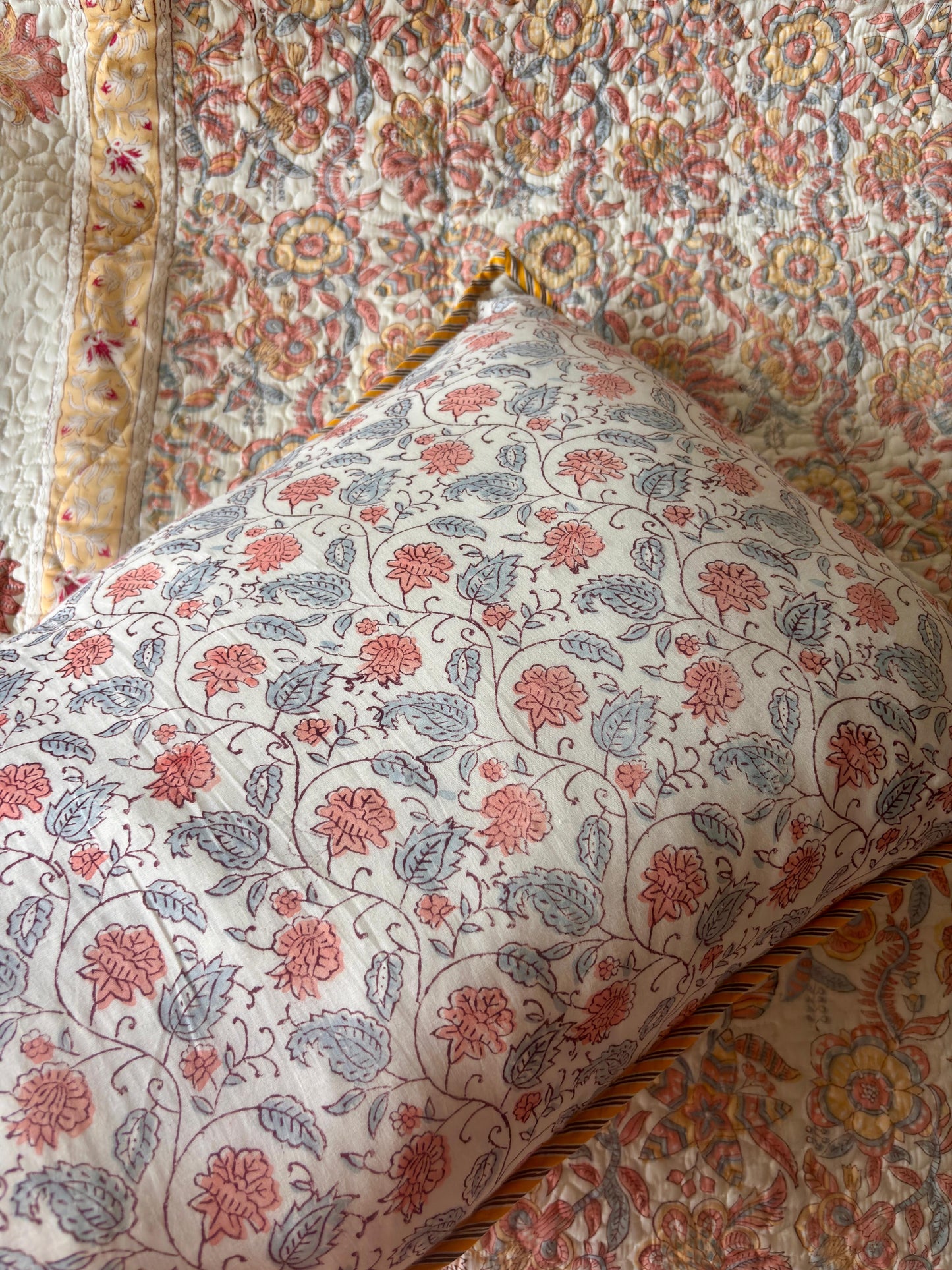 Peach Floral Jaal Handblock Printed Reversible Quilted Bedcover Set