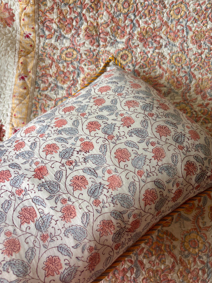 Peach Floral Jaal Handblock Printed Reversible Quilted Bedcover Set