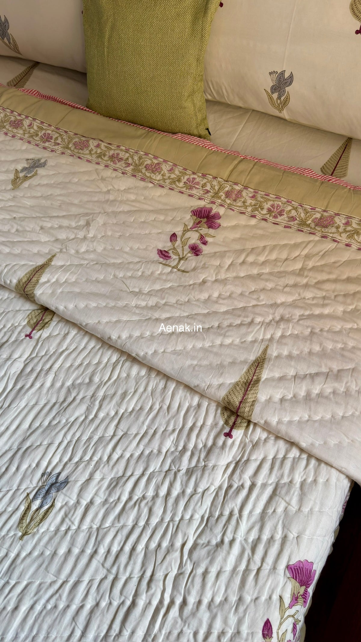 Dusty Mulberry Handblock Bedsheet + Quilt Combo Set (Ivory White)