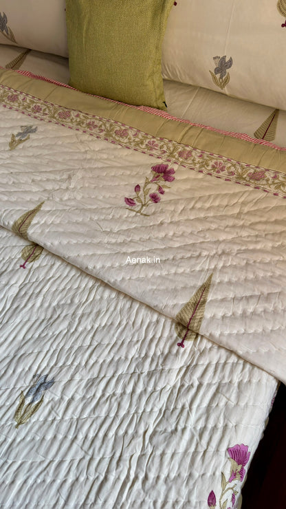Dusty Mulberry Handblock Bedsheet + Quilt Combo Set (Ivory White)