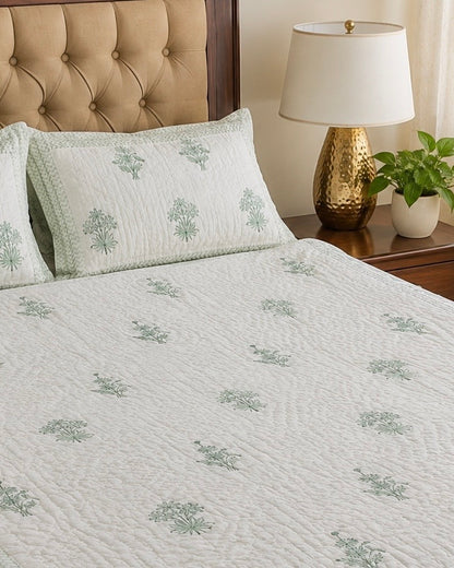 Sea Green Blossom Handblock Bedsheet + Quilted Bedcover Combo Set