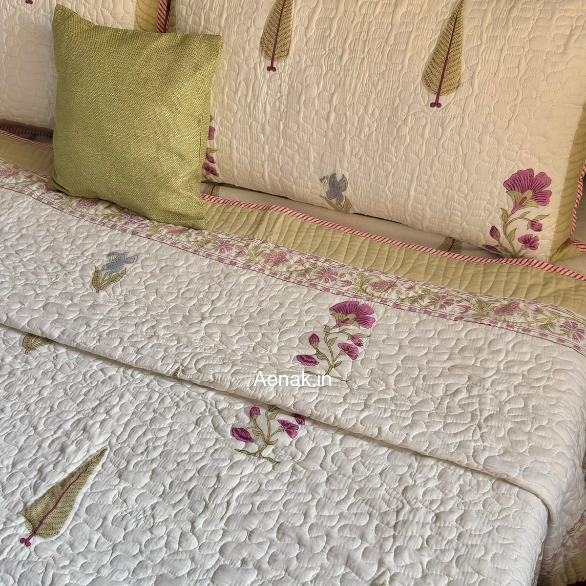 Dusty Mulberry Handblock Bedsheet + Quilted Bedcover Combo (Ivory White)