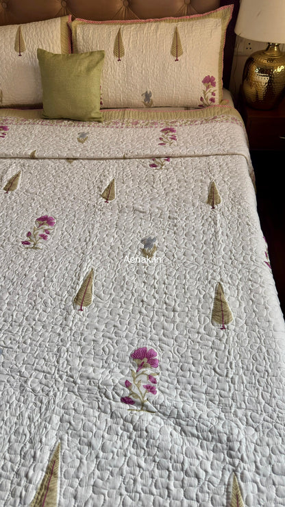 Dusty Mulberry Handblock Bedsheet + Quilted Bedcover Combo (Ivory White)