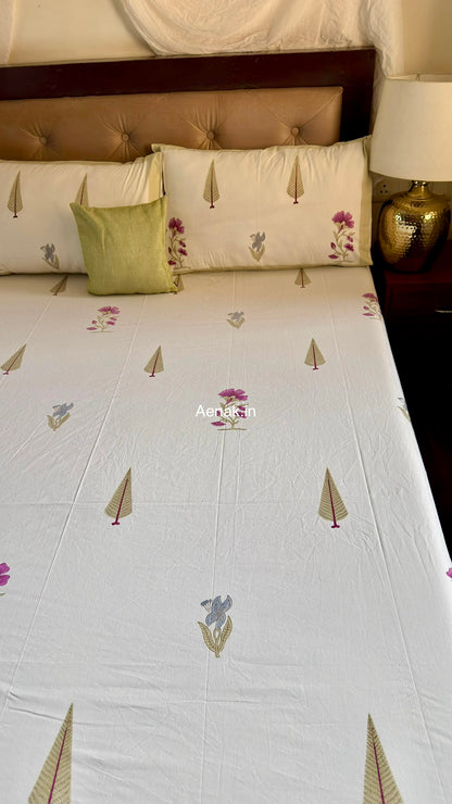 Dusty Mulberry Handblock Bedsheet + Quilted Bedcover Combo (Ivory White)