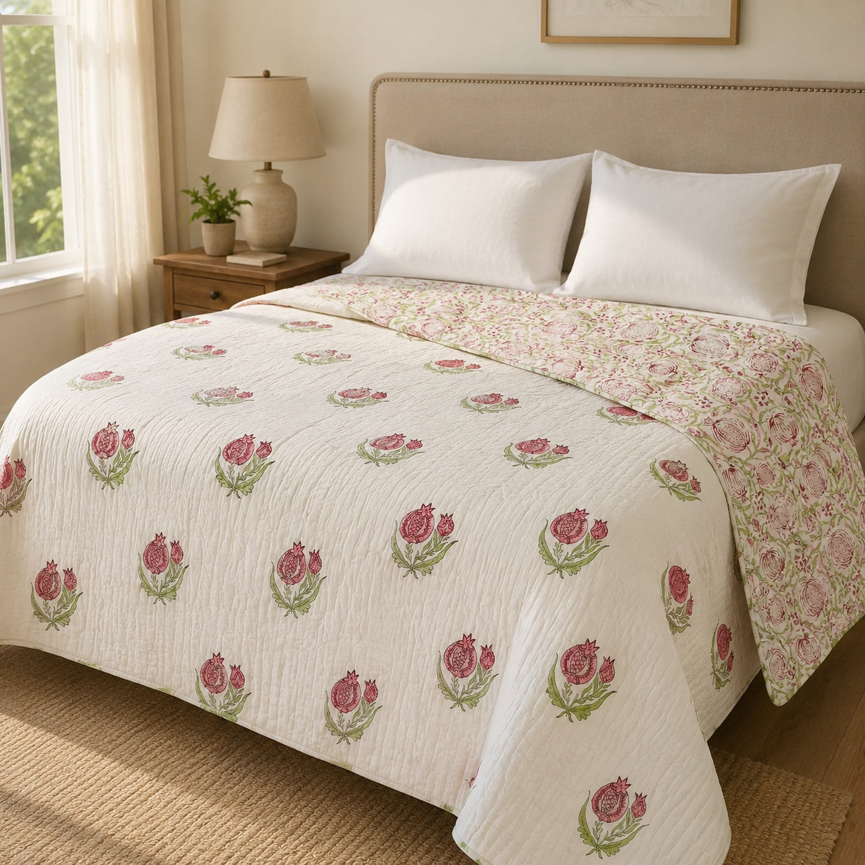 Red Anaar Baag Handblock Reversible Mulmul Cotton Quilt