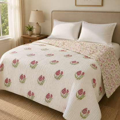 Red Anaar Baag Handblock Reversible Mulmul Cotton Quilt