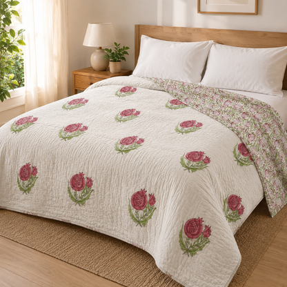 Red Anaar Baag Handblock Reversible Mulmul Cotton Quilt