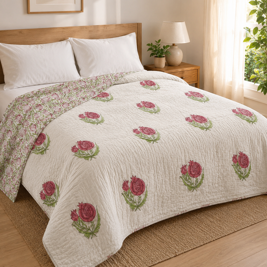 Red Anaar Baag Handblock Bedsheet + Quilt Combo Set
