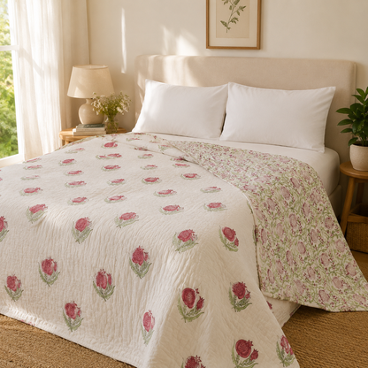 Red Anaar Baag Handblock Reversible Mulmul Cotton Quilt