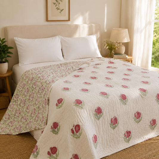 Red Anaar Baag Handblock Reversible Mulmul Cotton Quilt