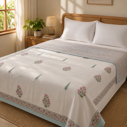 Light Magenta Floral Handblock Mulmul Cotton Reversible Dohar