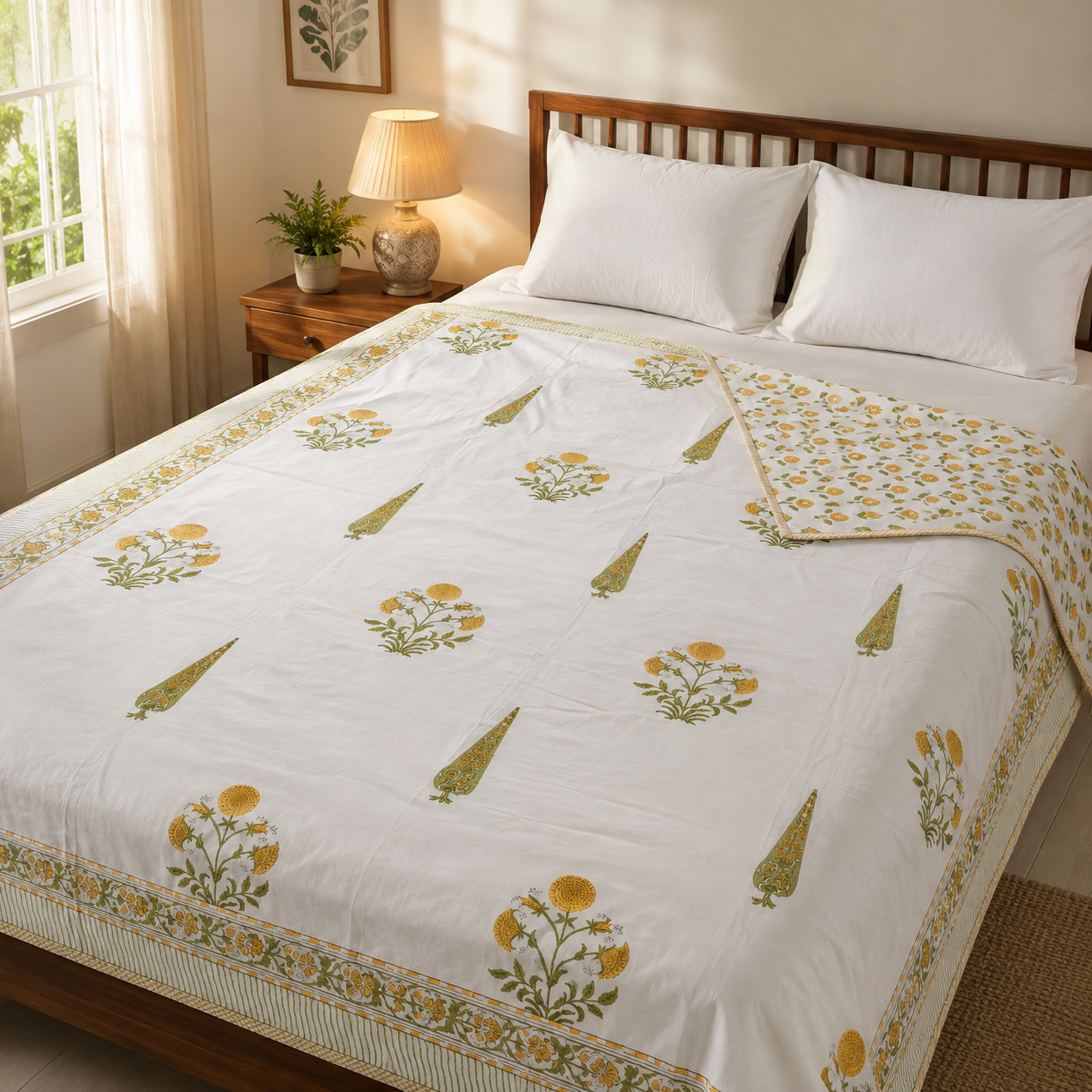 Yellow Dahlia Handblock Mulmul Cotton Reversible Dohar