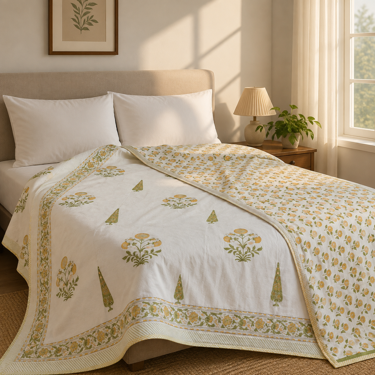 Yellow Dahlia Handblock Mulmul Cotton Reversible Dohar