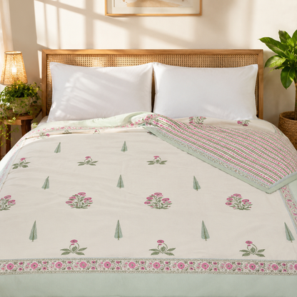Light Magenta Floral Handblock Mulmul Cotton Reversible Dohar