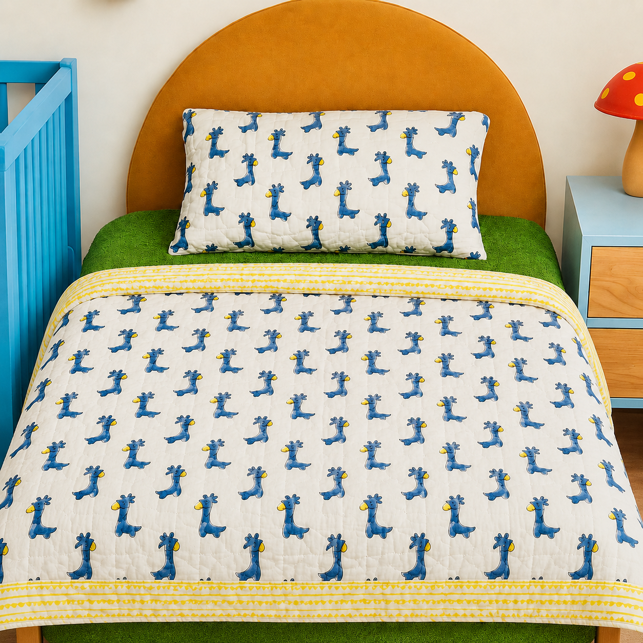 Blue Llama Handblock Reversible Mulmul Cotton Dohar Kids Blanket Set