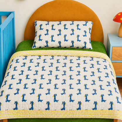 Blue Llama Handblock Reversible Mulmul Cotton Dohar Kids Blanket Set