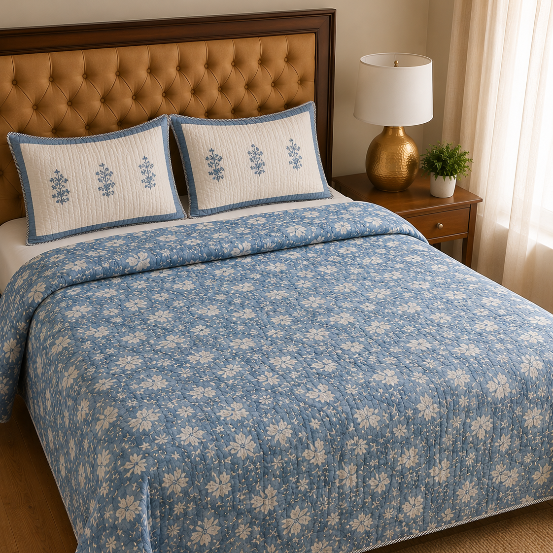 Blue Floral Garden Handblock Printed Reversible Quilted Cotton Bedcover Set- 105x108
