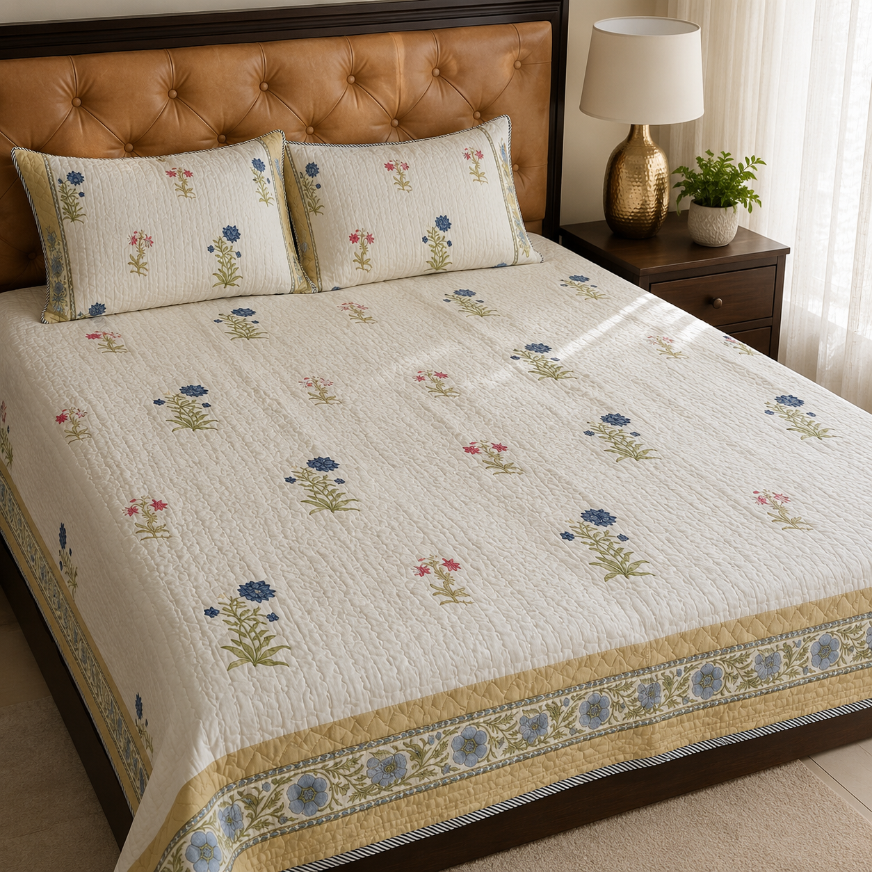 Pink & Blue Floral Handblock Printed Reversible Quilted Cotton Bedcover Set- 105x108