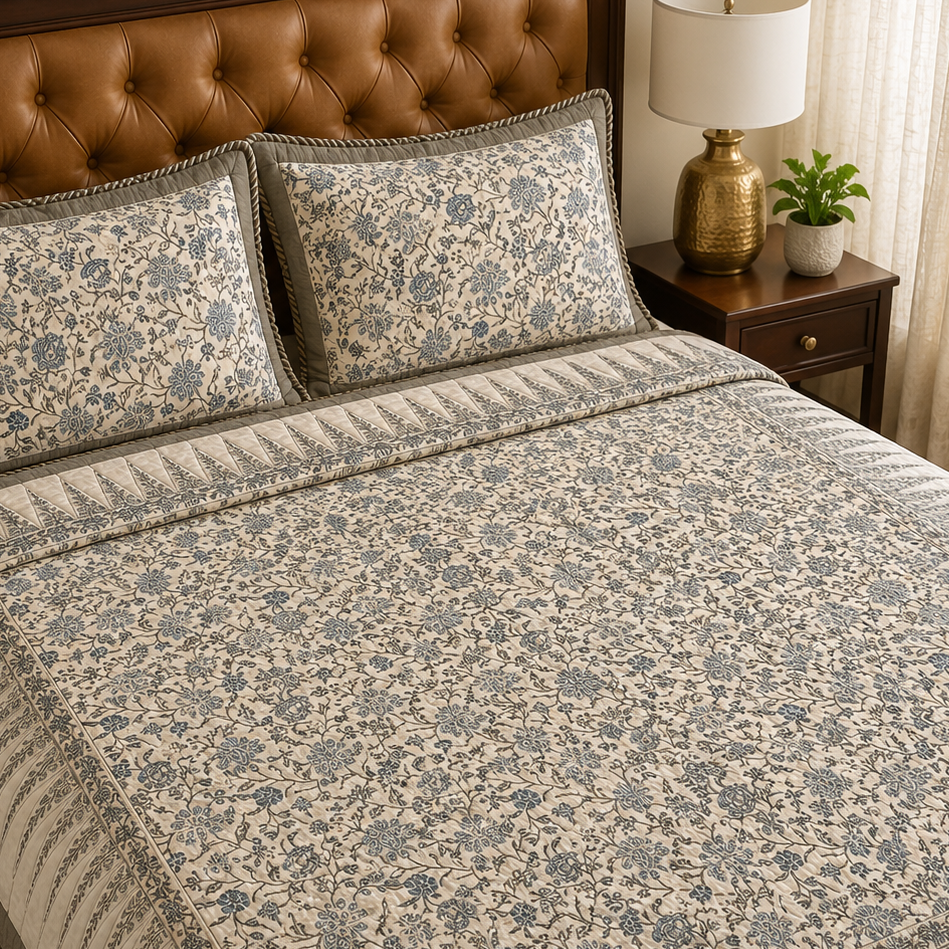 Blue Floral Jaal Handblock Printed Reversible Quilted Cotton Bedcover Set- 105x108