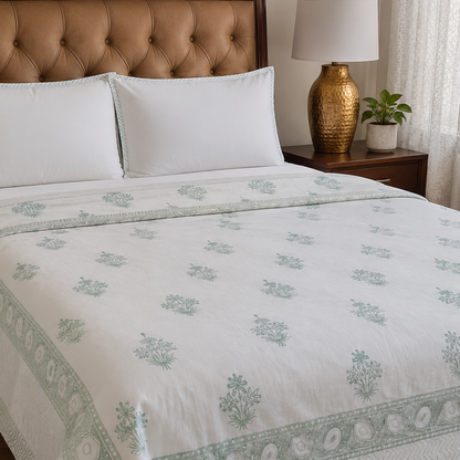 Sea Green Blossom Handblock Mulmul Cotton Reversible Dohar