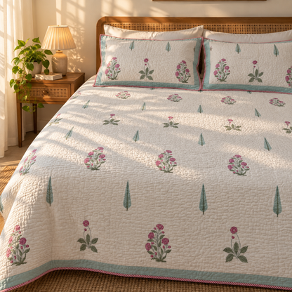 Light Magenta Floral Handblock Reversible Quilted Bedcover Set-105x108