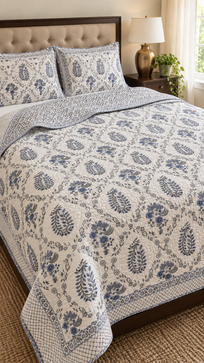 Blue Kairi Handblock Printed Reversible Quilted Bedcover Set-105x108